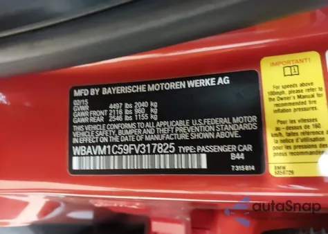 2015 BMW X1 Sdrive28I из США, поврежденный, VIN WBAVM1C59FV317825